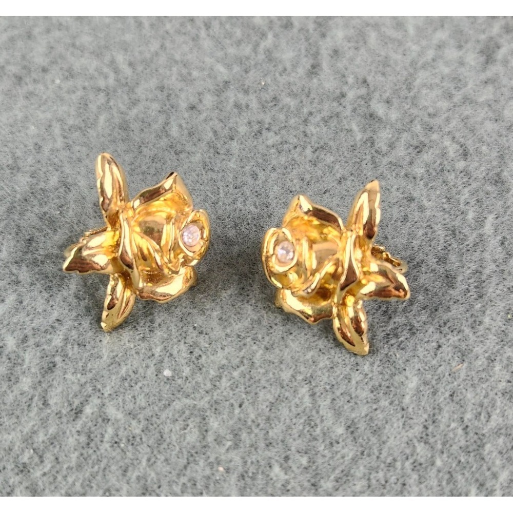 Vintage Avon Gold Tone Rose Bud Rhinestone Clip On Earrings Floral Jewelry